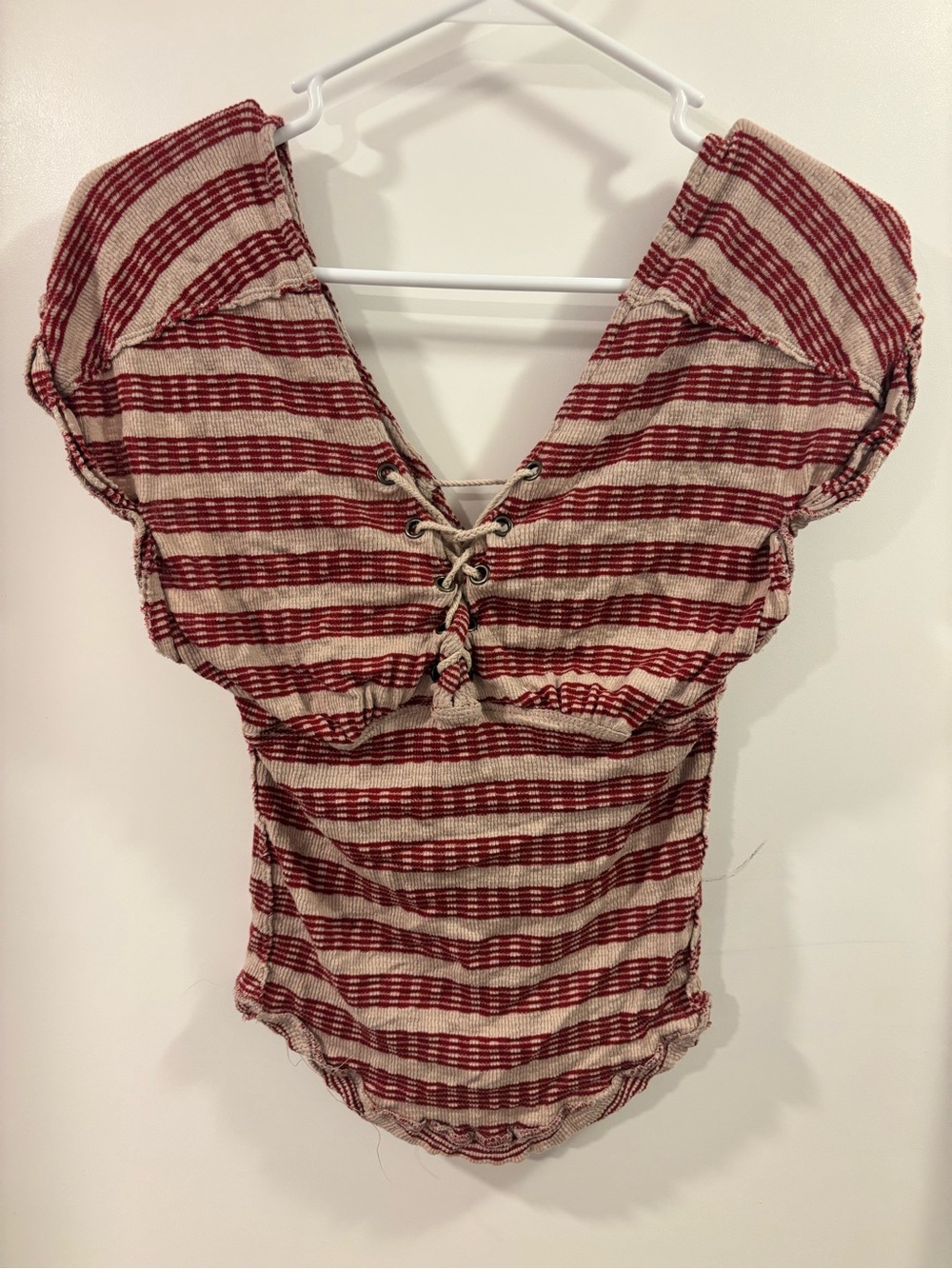 We The Free Red and Cream Striped Lace-Up Crop Top